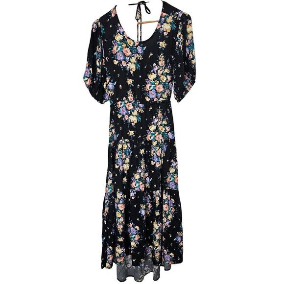 O'Neill Alta Dress Womens Size Medium Black Floral Open Back Boho Cottage Midi - Picture 1 of 12